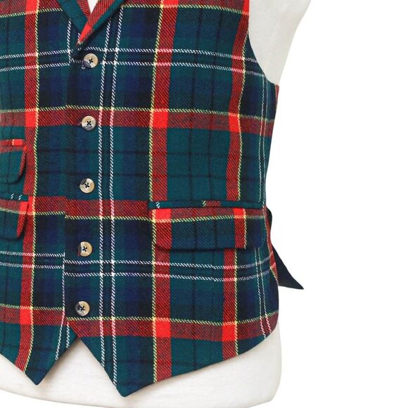 Mens Tartan Plaid Vest 44R Green Blue Red Lambswool Waistcoat XL Formal Wedding - Picture 6 of 9